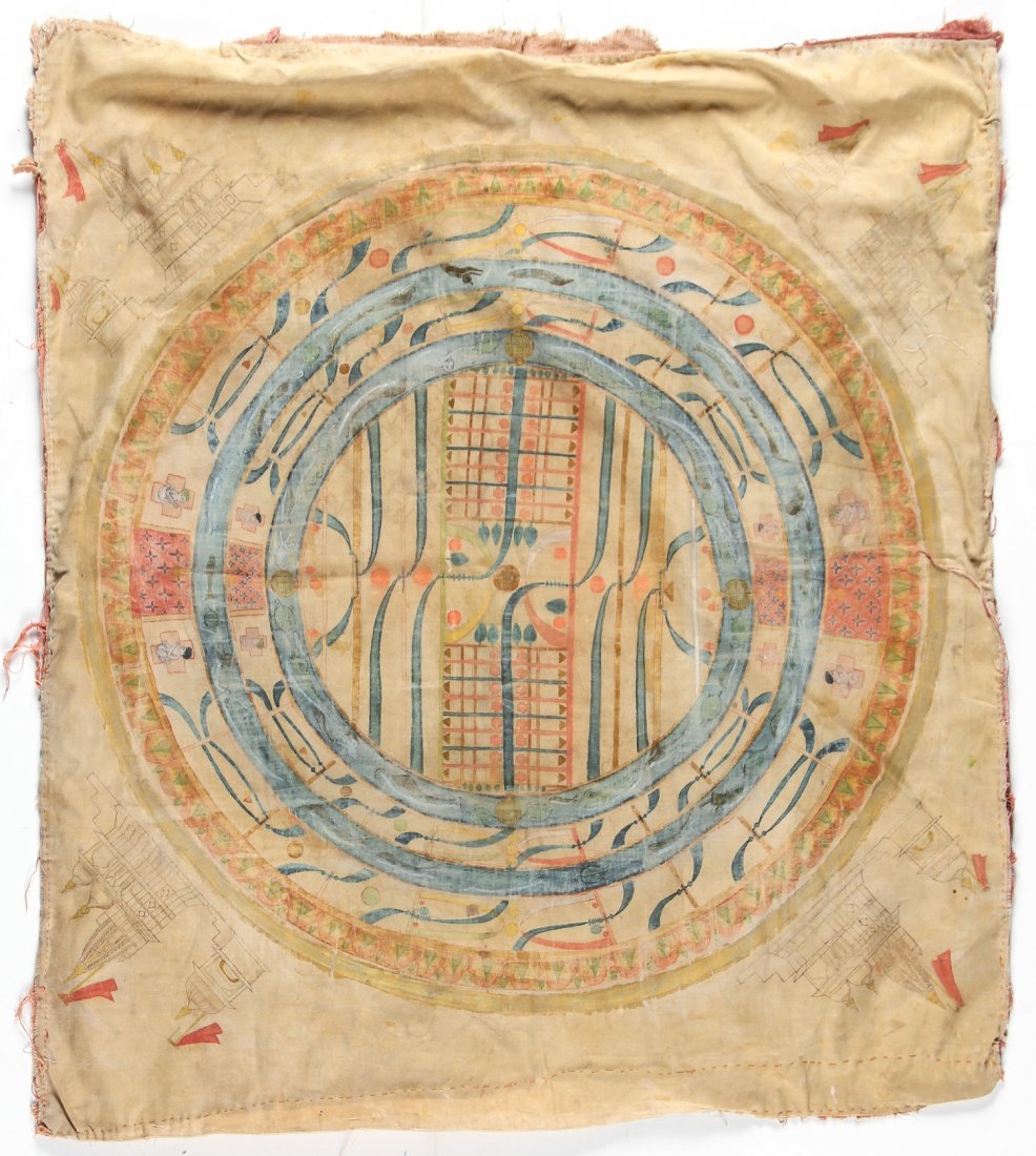 Old Jain Cosmos Painting on Cloth: Old Jain Cosmos Painting on Cloth: 38" x 33", (97 x 84 cm).