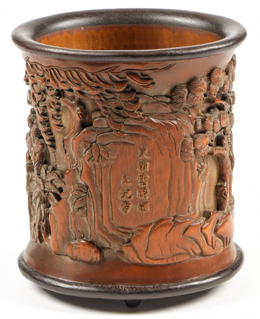 Antique Chinese Carved Bamboo Pen Holder: Antique Chinese Carved Bamboo Pen Holder. 7" x 6" x 5.5" (18 x 15 x 14 cm).
