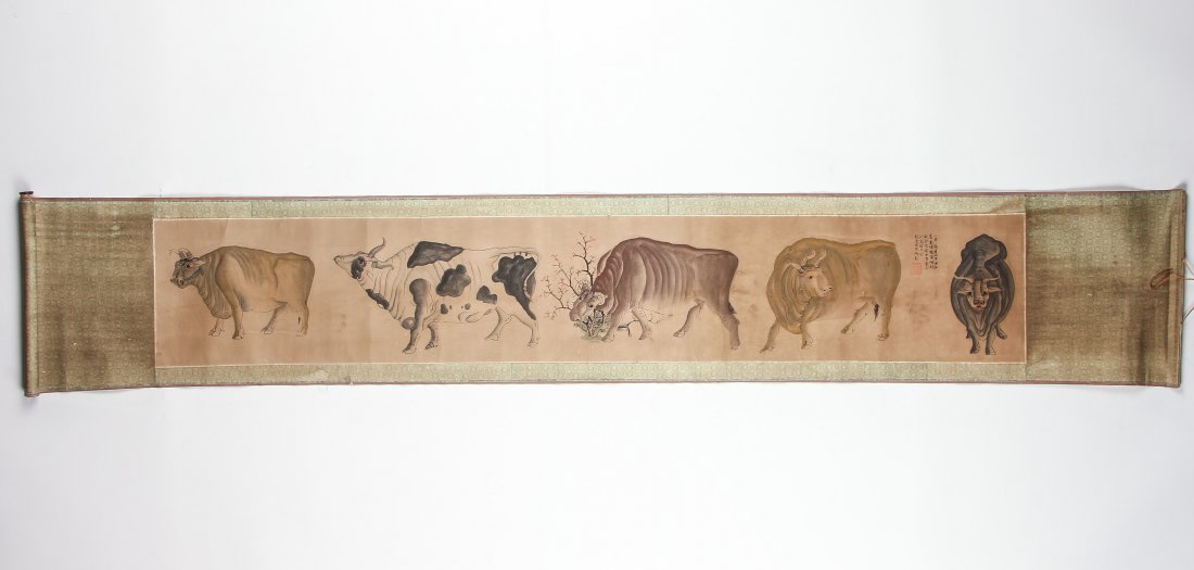 Old Chinese Scroll Painting: Old Chinese Scroll Painting, ink on paper: 15" x 90" (38 x 229 cm).