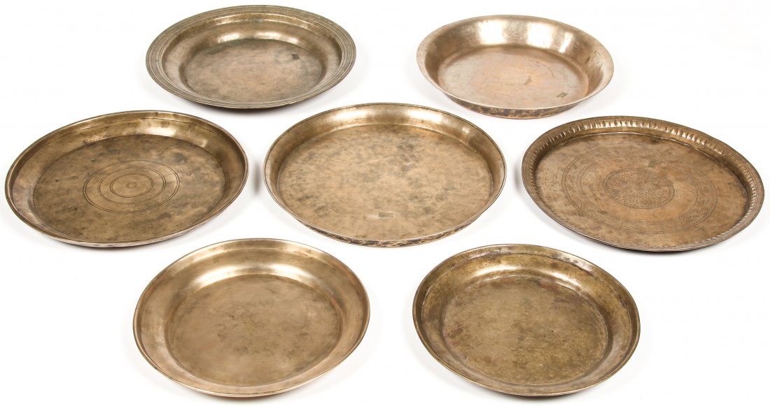 6 Heavy Antique Bronze Plates, Nepal/North India: 6 Heavy Antique Bronze Plates, Nepal/North India. Total weight: 8800 g. Ranging in size from 1.25"H x 14.5"W x 14.5"D, 3 x 37 x 37cm to 1"H x 11.25"W x 11.25"D, 3 x 29 x 29cm. Provenance: Matthew Frie