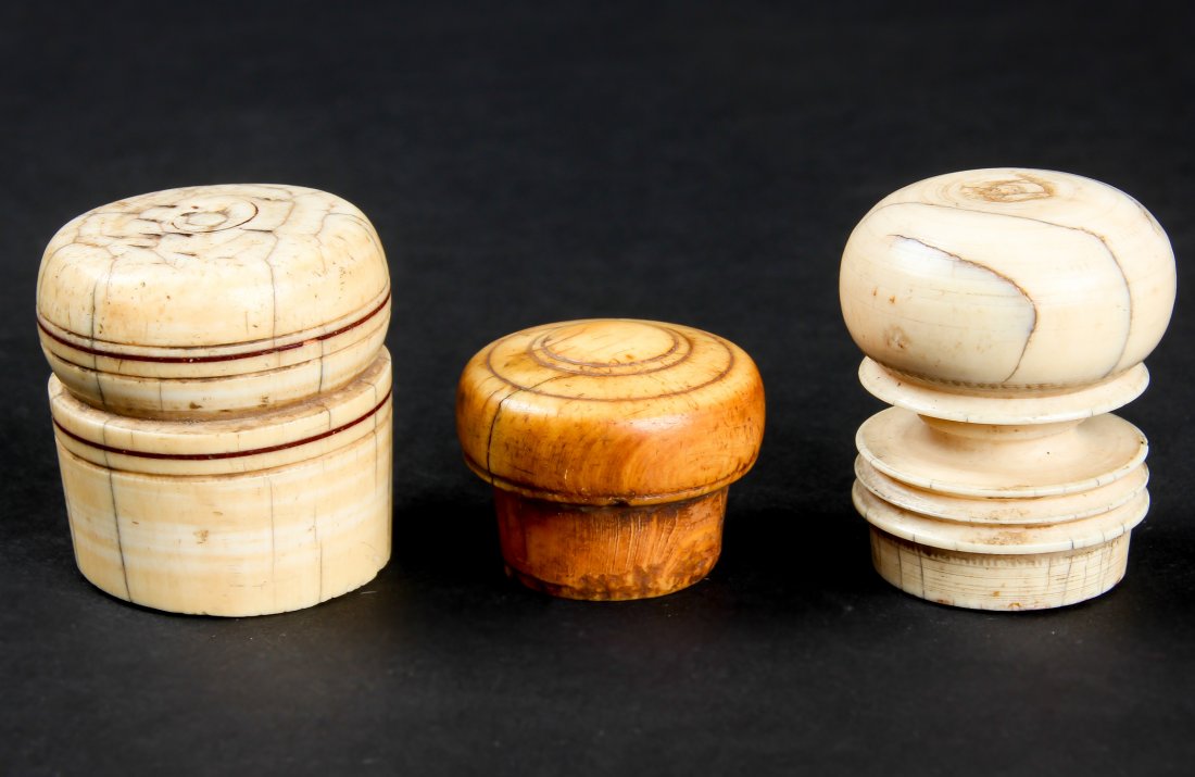 Antique Ivory Walking Stick Knob Handles: Antique Ivory Walking Stick Knob Handles - three assorted, intact knobs from antique walking sticks, all carved and/or engraved with concentric designs - can be used to remake current walking sticks -