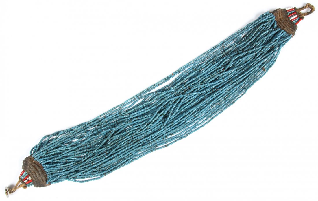 Konyak Naga Turquoise Glass Trade Bead Necklace: Konyak Naga Turquoise Glass Trade Bead Necklace - very old original, high status turquoise color 49-strand bead necklace worn by men and women of the Konyak Nagas, usually by the chief's clan in each 