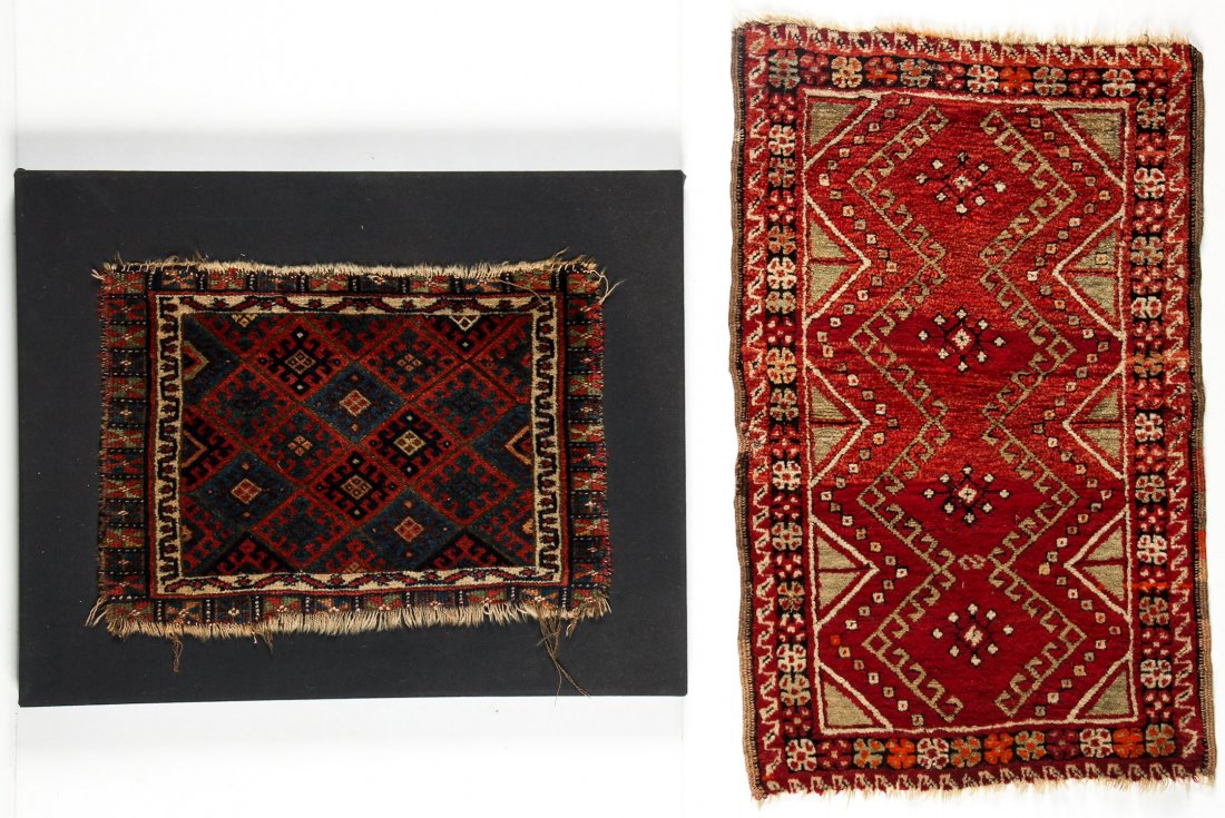 Antique Kurd Jaffe and Turkish Yastik Rugs: Antique Kurd Jaffe and Turkish Yastik Rugs. Kurd rug is mounted and easily removable for shipping. 1'10" x 1'4", 56 x 41 cm (object); 24" x 30", 61 x 76 cm (stretcher) and 1'8" x 2'9" (51 x 84 cm).