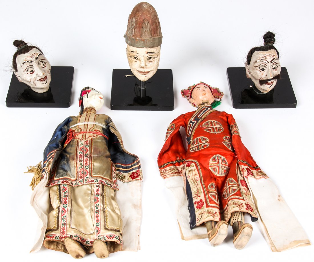 5 Antique Asian Puppets: 5 Antique Asian Puppets. Largest Size: 16" x 4" x 3" (41 x 10 x 8 cm). Provenance: Estate of Myra Yellin Outwater, art and theater columns writer for The Morning Call newspaper in Allentown, Pennsylva