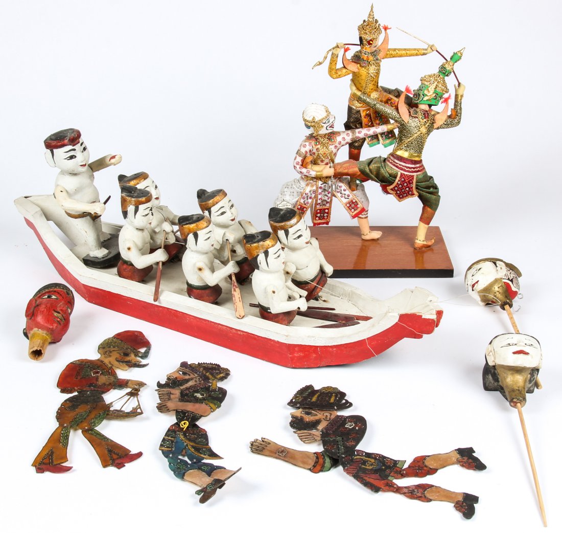 7 Indonesian Wayang Puppetry Artifacts: 7 Indonesian Wayang Puppetry Artifacts. Largest Size: 10" x 29" x 8" (25 x 74 x 20 cm). Provenance: Estate of Myra Yellin Outwater, art and theater columns writer for The Morning Call newspaper in All