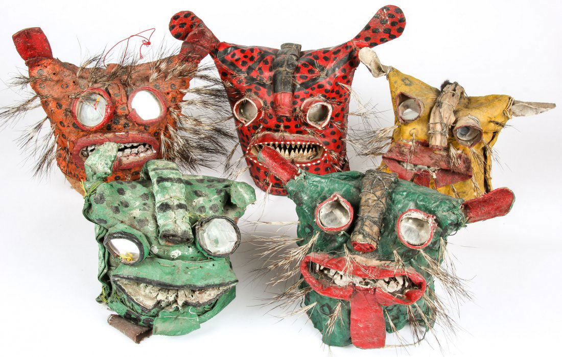 5 Vintage Mexican Zitlala Masks: 5 Vintage Mexican Zitlala Masks. Painted textile with teeth, hair, leather and mirrors. Guerrero, Mexico. Largest Size: 13" x 13" x 10" (33 x 33 x 25 cm). Provenance: Bob Brand and Liz Werthan, Philad