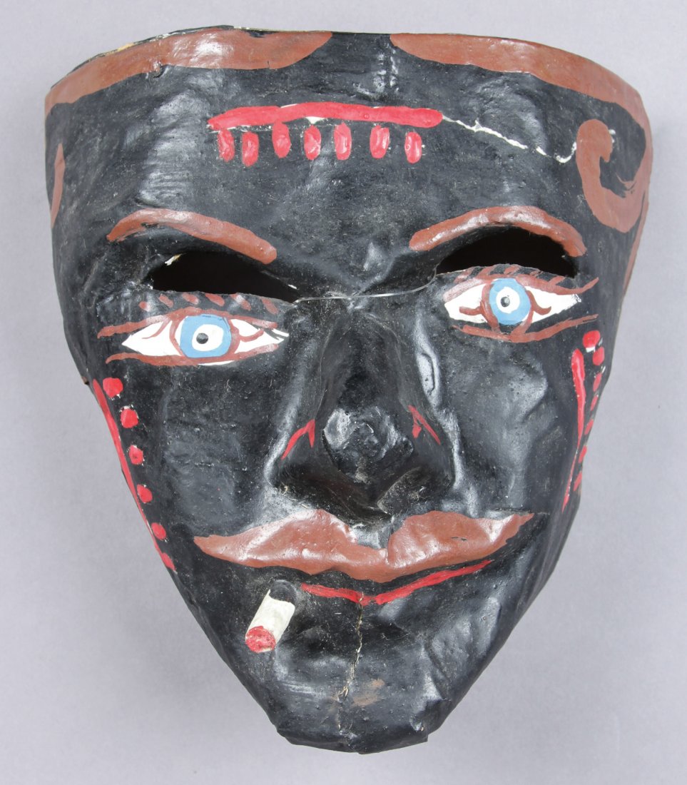 Mexican Mask For the Dance of the Negritos: Mexican Mask For the Dance of the Negritos. Dated 1986. Painted papier mache. Size: 7" x 7" x 3.5" (18 x 18 x 9 cm). Prov: Richard and Jean Kellaway; Danforth Museum, Framingham, Mass., included in th