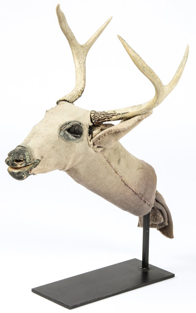 Vintage Mexican Deer Dance Prop: Vintage Mexican Deer Dance Prop. Carved wood, antlers, textile. With stand. Size: 17" x 14" x 17", 43 x 36 x 43 cm (object). Provenance: Bob Brand and Liz Werthan, Philadelphia.