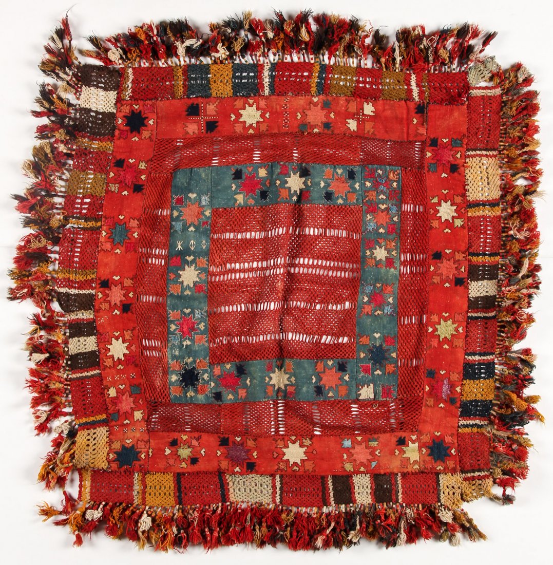 Central Asian Wool Embroidery, Kungrat People: Central Asian Wool Embroidery, Kungrat People, early 20th c. Wool embroidery, knotted fringe, central field, spacer border and tassels; 45" x 46" (114 x 117 cm). A very unusual arrangement of concentr