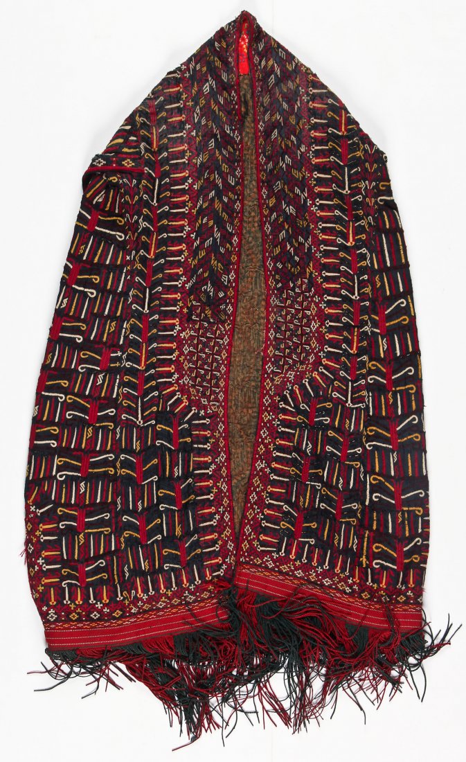 Central Asian Turkmen Chyrpy Robe: Turkmen Chyrpy indigo dyed and embroidered silk and cotton, circa 1900. 27" x 42" (69 x 107 cm).