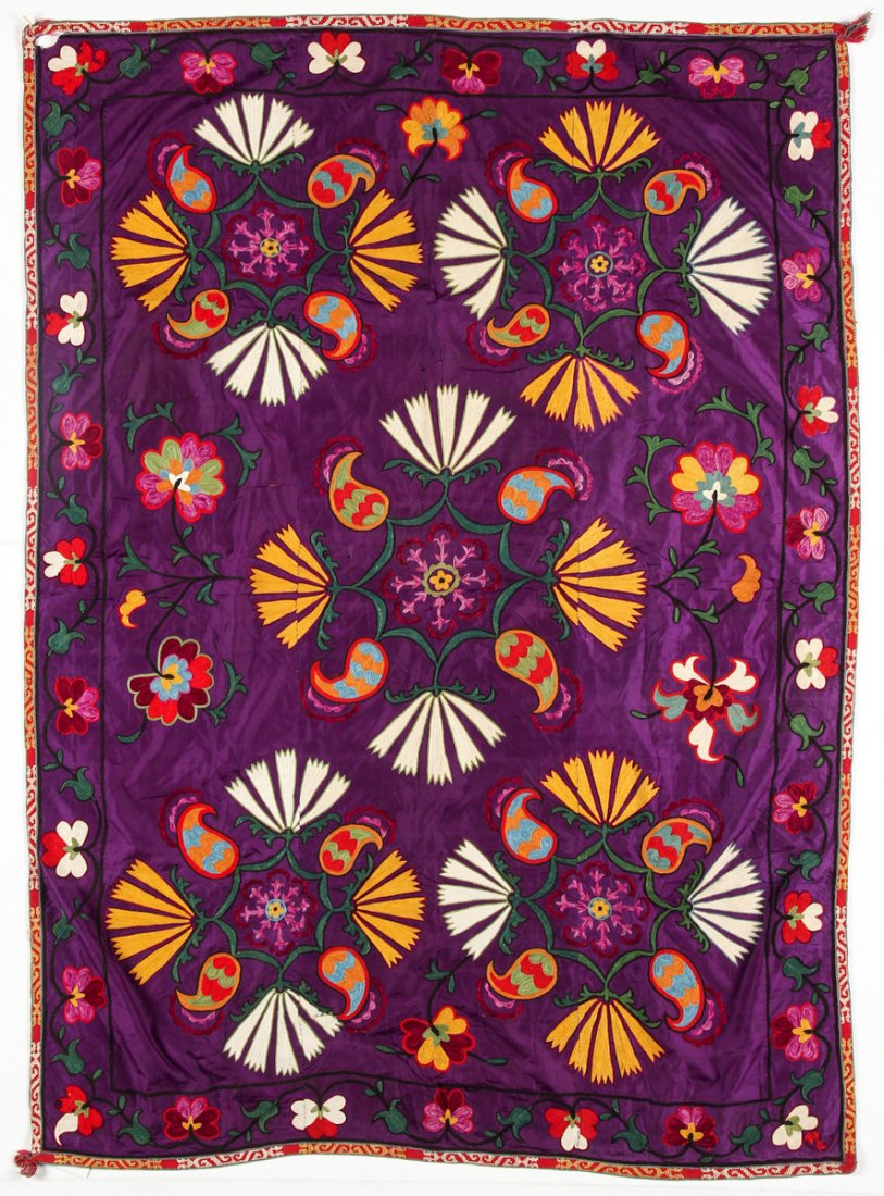 Central Asian Uzbek Suzani, Early 20th C: 76" x 54": Central Asian Uzbek Suzani, Early 20th C: 76" x 54" (190 x 137 cm). Silk, cotton, lined with printed cotton Russian trade cloth. In excellent condition.