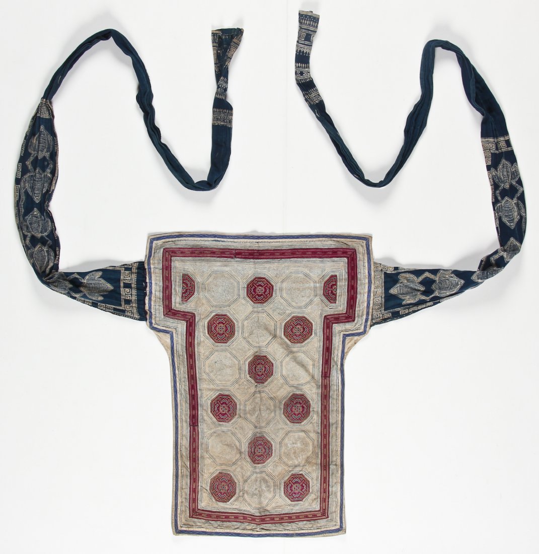 Fine Old Chinese Minority Baby Carrier: Fine Old Chinese Minority Baby Carrier with embroidery and baltik, indigo dyed. 23" x 31", 56 x 79 cm (carrier).