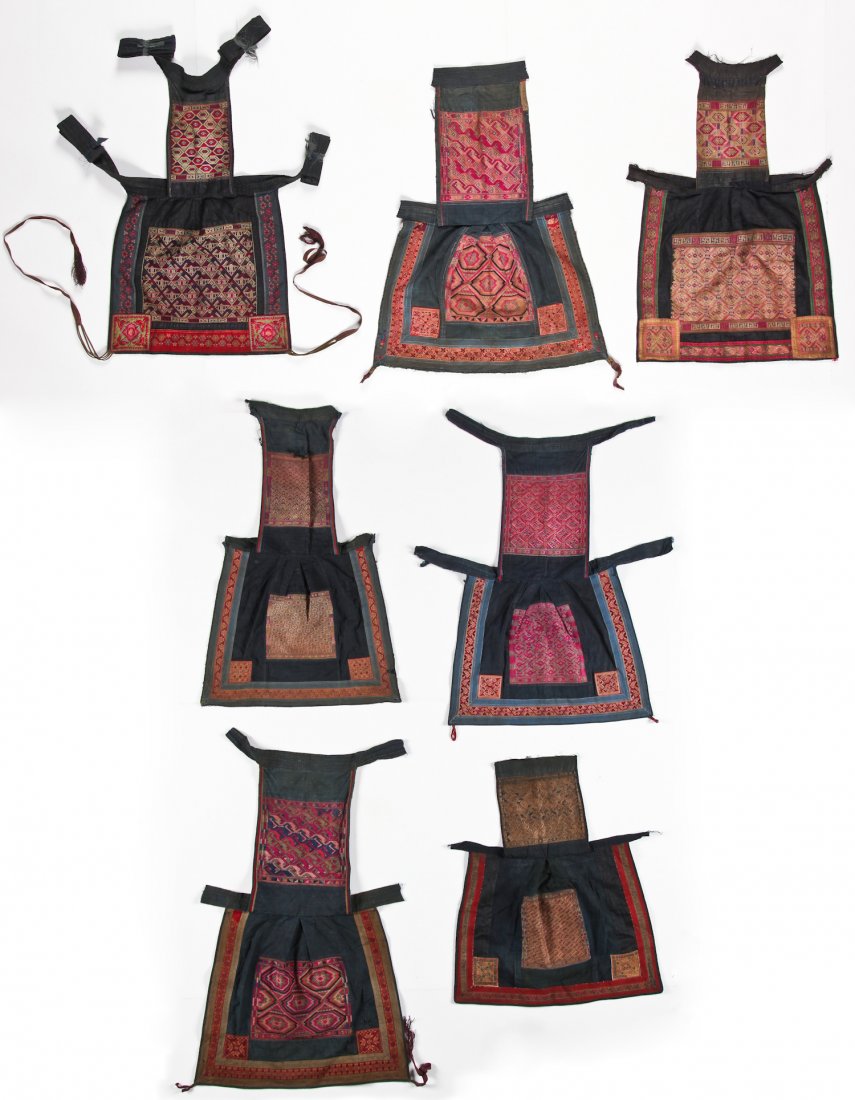 7 Old Embroidered S. China Tribal Baby Carriers: 7 Old Embroidered S. China Tribal Baby Carriers; indigo dyed. Largest Size: 22" x 35" (56 x 89 cm).