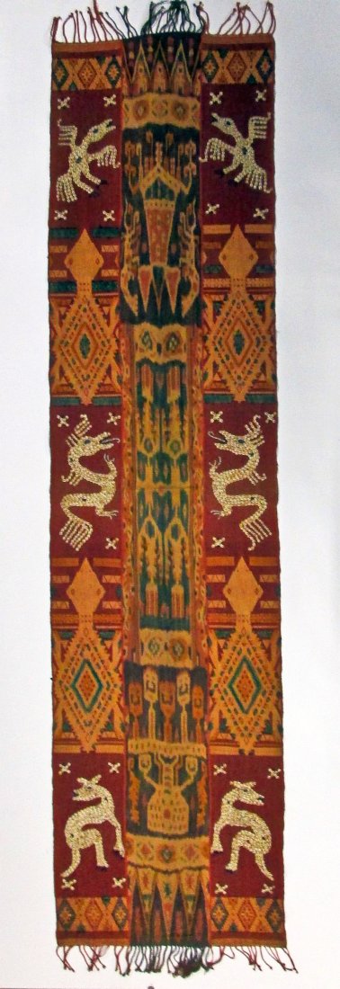 Long Sumba Ikat Panel with Shell Designs: 96" x 22": Large Ikat panel with shell designs. Very long Ikat panel with ornate designs around a Lobster and skull rack, with tortoise and ancestor motifs. Sumba island, Indonesia. Size: 96" x 22" (244 x 56 cm)