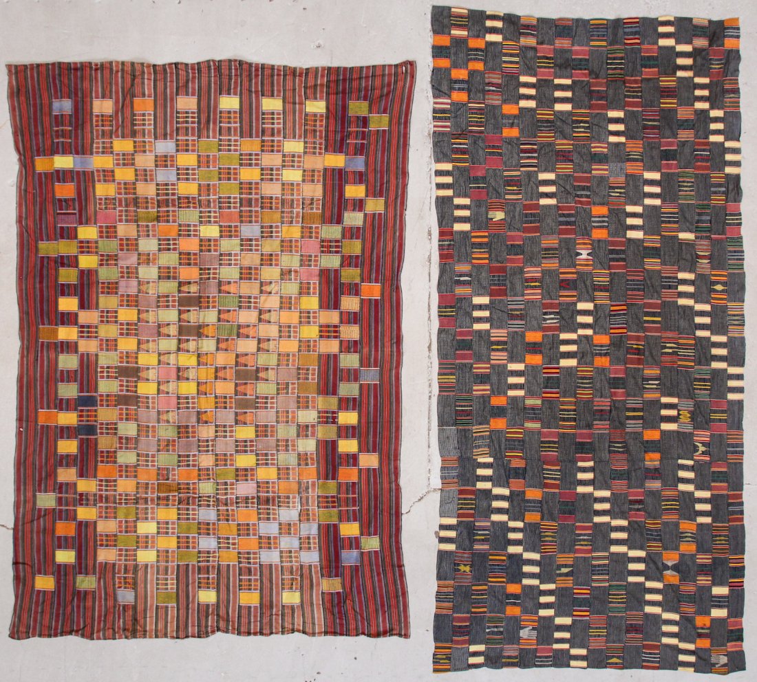 Two Large West African Ewe Cloths. Early/Mid 20th C.: Two Large West African Ewe Cloths. Early/Mid 20th C. Hand-woven narrow strip panels; hand-spun cotton. A few small holes, minor stains; some spots where stitching between panels is missing. Largest Si