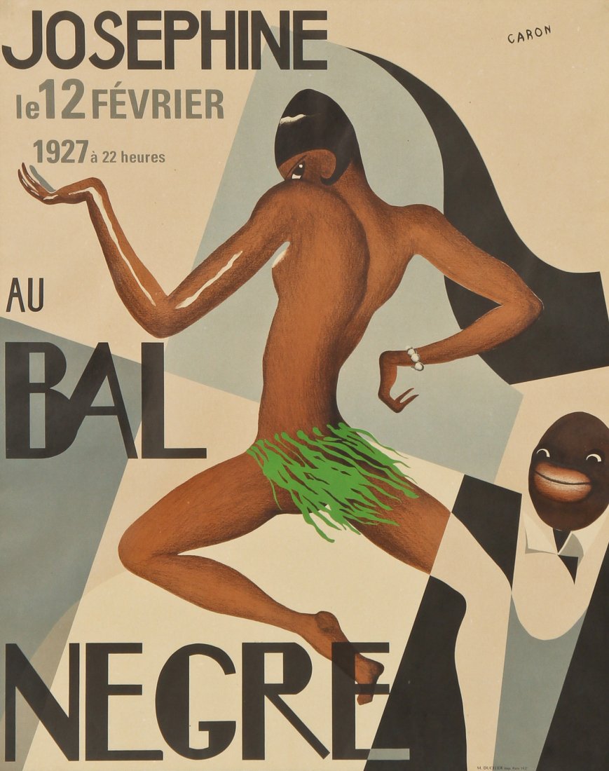 1927 Josephine Baker Lithograph Poster: Period Josephine Baker Poster, by the French artist Caron, after the theater poster by Paul Colin, M. Ducelier Imp. Paris 1927, color lithograph, reads "Josephine le 12 Fevrier 1927 a 22 heures Au Bal