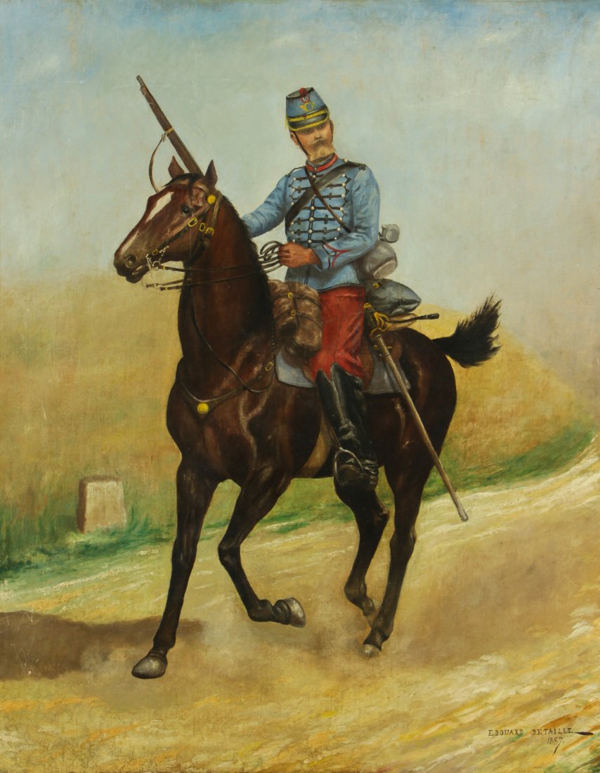 French School (19th c.) Cavalry Officer on Horseback: French School (19th c.) Cavalry Officer on Horseback, oil painting on canvas, signed "Edouard Detaille", dated 1887, canvas relined, with old restorations. Size: 34" x 27", 86 x 69 cm (stretcher); 38"