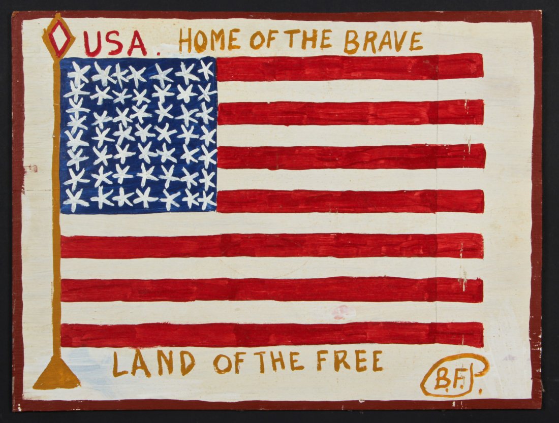 B.F. Perkins (American, 1904-1993) Painting: B.F. Perkins (American, 1904-1993) "USA, Home of the Brave, Land of the Free", painting on wood, signed. Size: 18" x 24", 46 x 61 cm (board). Provenance: Robert Cargo, Alabama.