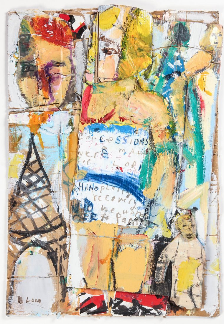 Jim Bloom (American, b. 1968) Untitled: Jim Bloom (American, b. 1968) Untitled, mixed media painting and collage on cardboard, signed. Size: 32.5" x 22.5", 82 x 57 cm (cardboard).