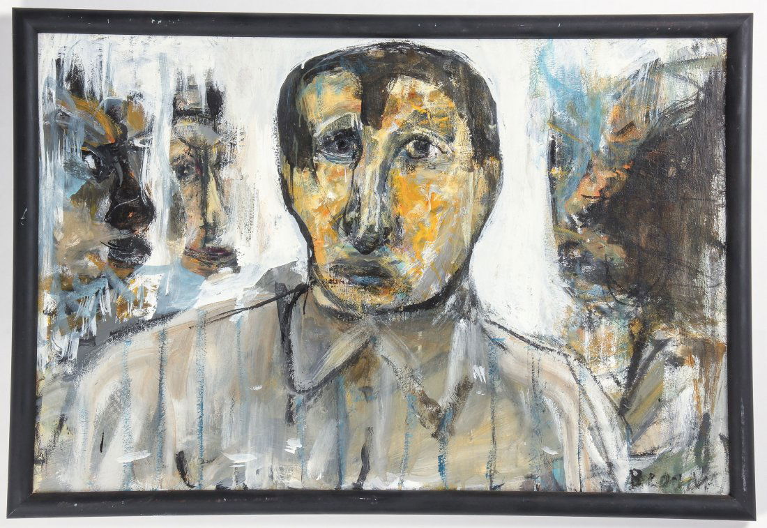 Jim Bloom (American, b. 1968) Untitled (Unhappy Man): Jim Bloom (American, b. 1968) Untitled (Unhappy Man), mixed media painting on canvas, signed. Size: 23.5" x 35.5", 60 x 90 cm (sight); 26.25" x 38", 67 x 97 cm (frame).