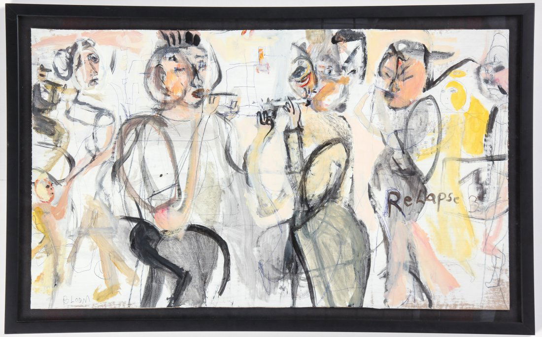 Jim Bloom (American, b. 1968) "Relapse": Jim Bloom (American, b. 1968) "Relapse", mixed media painting, signed. Size: 17.5" x 20.35", 44 x 77 cm (sight); 21" x 33.25", 53 x 84 cm (frame).
