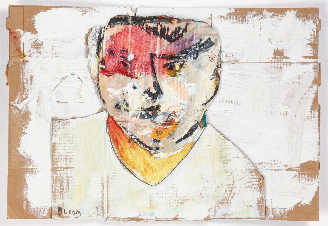Jim Bloom (American, b. 1968) "Portrait": Jim Bloom (American, b. 1968) "Portrait", mixed media painting and collage on cardboard, signed. Size: 17.75" x 26", 45 x 66 cm (cardboard).