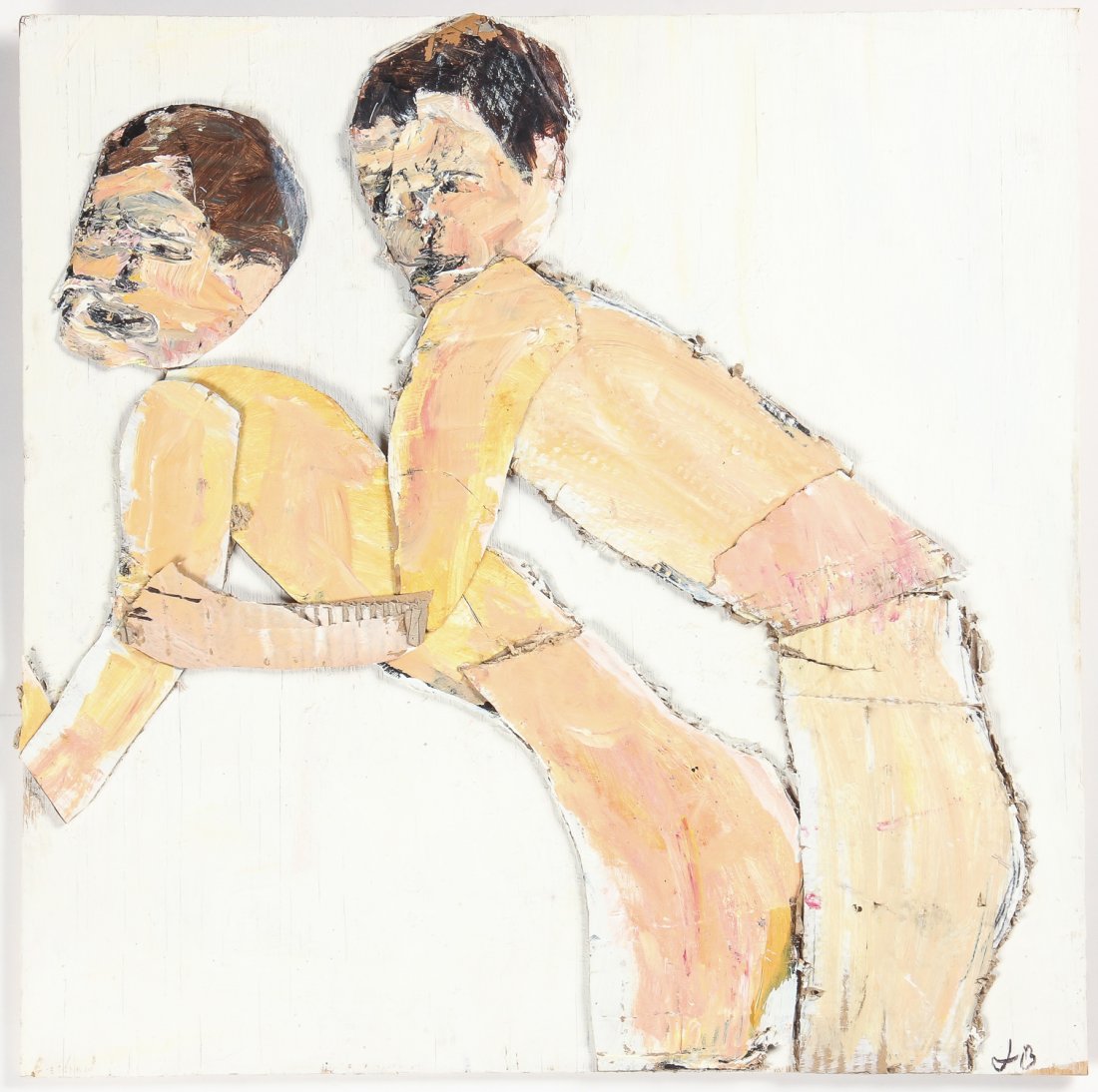 Jim Bloom (American, b. 1968): Jim Bloom (American, b. 1968) "Two Guys", mixed media and collage on wood panel, signed. Size: 23.75" x 23.75", 60 x 60 cm (board).
