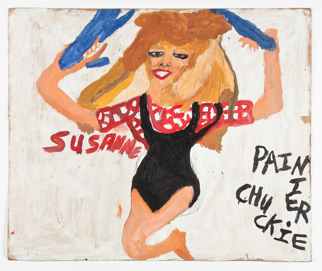 Chuckie Williams (1957-1999) "Suzanne Somers": Chuckie "Artist Chuckie" Williams (American, 1957-1999) "Suzanne Somers", c. 1985-1990, mixed media painting on board, sketch of a mountain range on verso, signed. Size: 40" x 48" (102 x 122 cm). Prov