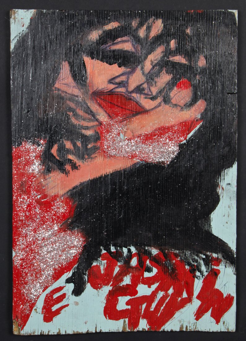 Chuckie Williams (1957-1999) Double-sided Painting: Chuckie "Artist Chuckie" Williams (American, 1957-1999) Double-sided Painting with Tracie Spencer, c. 1985-1990, mixed media painting on board. Size: 22.75" x 15.75", 58 x 40 cm (irregular board). Pro