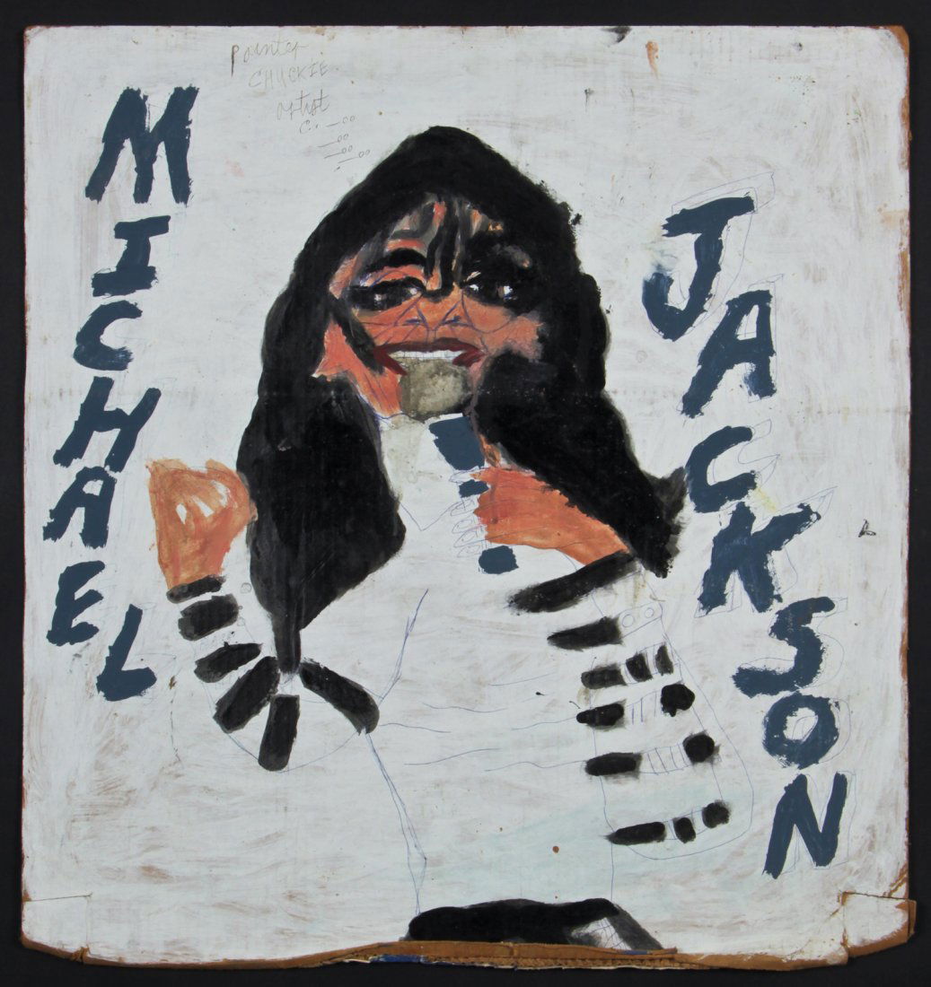 Chuckie Williams (1957-1999) "Michael Jackson": Chuckie "Artist Chuckie" Williams (1957 - 1999) "Michael Jackson", c. 1985-1990, mixed media painting on board, sketch of a mountain range on verso, signed. Size: 29.5" x 26.75", 75 x 68 cm (irregular
