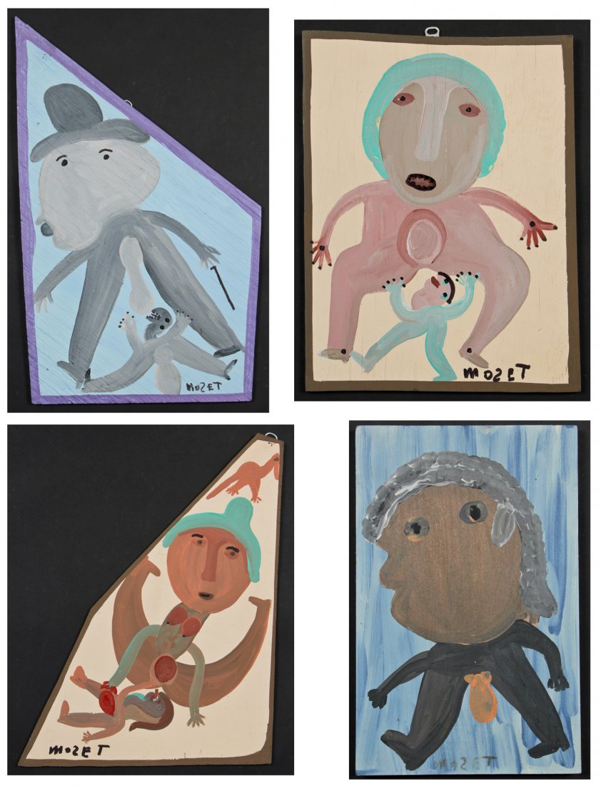Mose Tolliver (1925-2006) 4 Paintings: Mose Tolliver (American/Alabama, 1925-2006) 4 Works, each paint on wood, c. 1987, one double-sided. Sizes: 1) 28.25" x 17.75", 72 x 45 cm (board); 2) 15.5" x 11.75", 39 x 30 cm (board); 3) 19.25" x 14