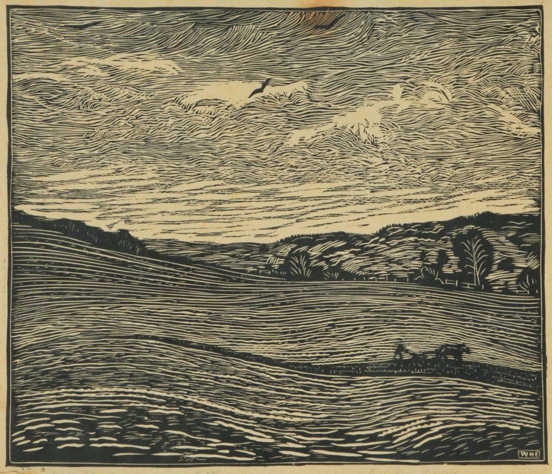 Wharton H. Esherick (1887-1970) "April Ploughing": Wharton H. Esherick (American, 1887-1970) "April Ploughing", woodcut, titled, signed and numbered "#35" along lower margin. Size:11.5" x 13.25", 29 x 34 cm (sheet); 14.75" x 16.5", 37 x 42 cm (frame).