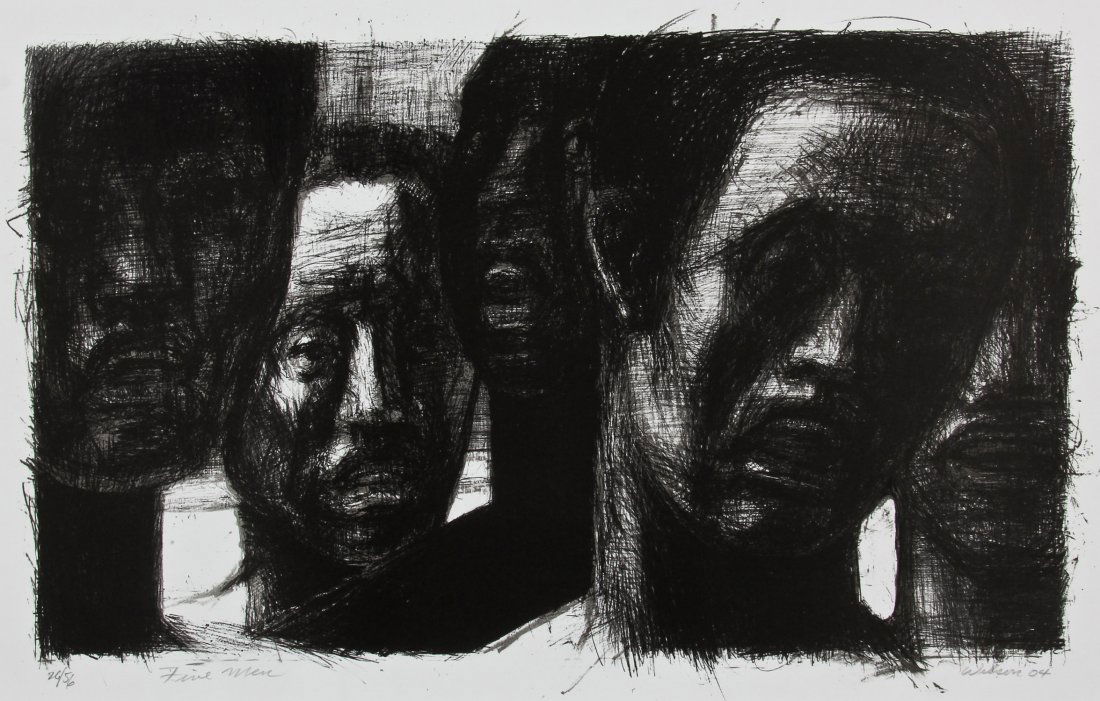 John Wilson (American, 1922-2015) "Five Men", 2004: John Wilson (American, 1922-2015) "Five Men", 2004, lithograph, from an edition of 56, signed, dated, titled and numbered. Size: 17.5" x 27", 44 x 69 cm (sheet). Provenance: Bob Brand and Liz Werthan,