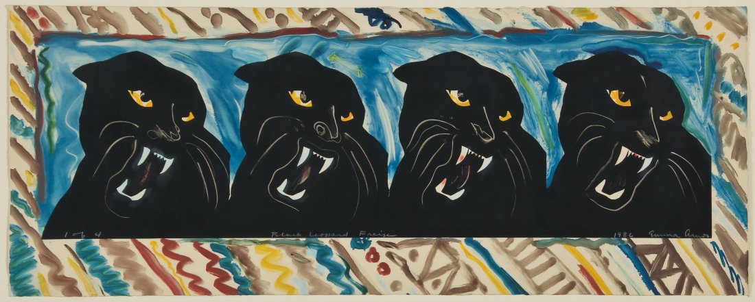Emma Amos (American, b. 1938) "Black Leopard Frieze",: Emma Amos (American, b. 1938) "Black Leopard Frieze", 1986, monoprint, from an edition of 4, signed, titled, numbered and dated. Provenance: Acquired at The McIntosh Gallery, Atlanta, 1991. Size: 15.5