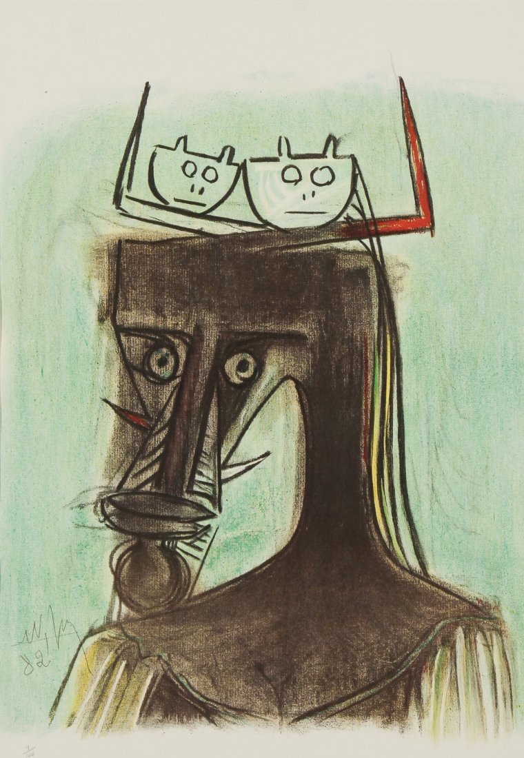 Wifredo Lam (Cuban, 1902-1982) "Artistes du monde: Wifredo Lam (Cuban, 1902-1982) "Artistes du monde contre l'apartheid", 1982, color lithograph, from an edition of 100, signed, dated and numbered. Size: 32.75" x 22.75", 83 x 58 cm (sight); 38.25" x 2