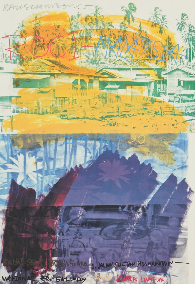 Robert Rauschenberg (1925-2008) "ROCI - Malaysia", 1990: Robert Rauschenberg (American, 1925-2008) "ROCI - Malaysia", 1990, color lithograph, signed. Size: 34.5" x 24.25", 88 x 62 cm (sheet); 39.5" x 28.75", 100 x 73 cm (frame). Provenance: Bob Brand and Li