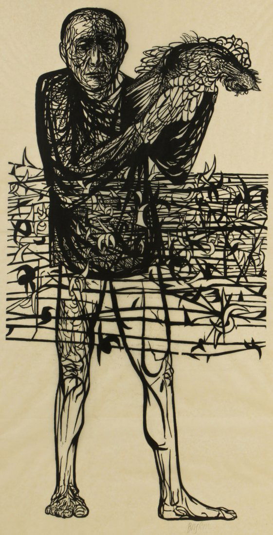 Leonard Baskin (American, 1922-2000) "Man Of Peace",: Leonard Baskin (American, 1922-2000) "Man Of Peace", 1952, woodcut, signed. Size: 75.25" x 39", 191 x 99 cm (sight); 78" x 42", 198 x 107 cm (frame). Provenance: Bob Brand and Liz Werthan, Philadelphi
