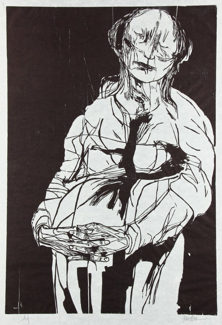Leonard Baskin (1922-2000) "Betrayal", Proof, 1969: Leonard Baskin (American, 1922-2000) "Betrayal", 1969, woodcut, artist proof, signed. Size: 37" x 25", 94 x 64 cm (sheet). Provenance: Bob Brand and Liz Werthan, Philadelphia.
