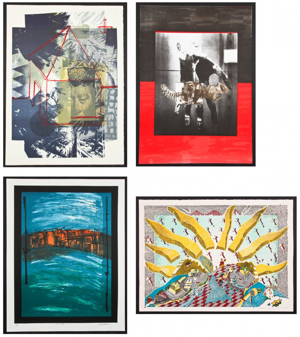 4 Works by Various Artists: 4 Works by Various Artists: 1) Luis Flores "Casa #3", 1990, color lithograph, from an edition of 100. Size: 30" x 22", 76 x 56 cm (sheet); 2) Pedro Abascal "Mientras mas atras se mire, mas claro se ve