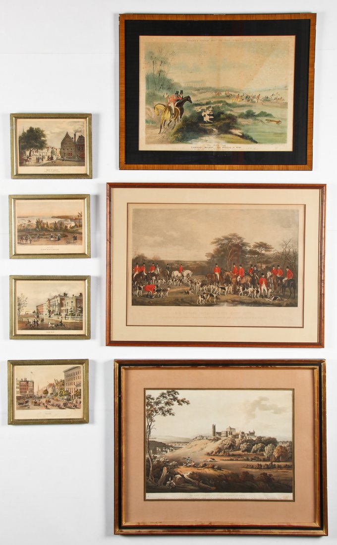 7 Antique Hand-colored Prints: 7 Antique Hand-colored Prints: 1) "To the King's most excellent Majesty"; 2) "Sir Richard Sutton and the Quorn Hounds"; 3) "The Noble Tips"; 4) "New York, Broad-Way"; 5) "New York, the Narrows and par
