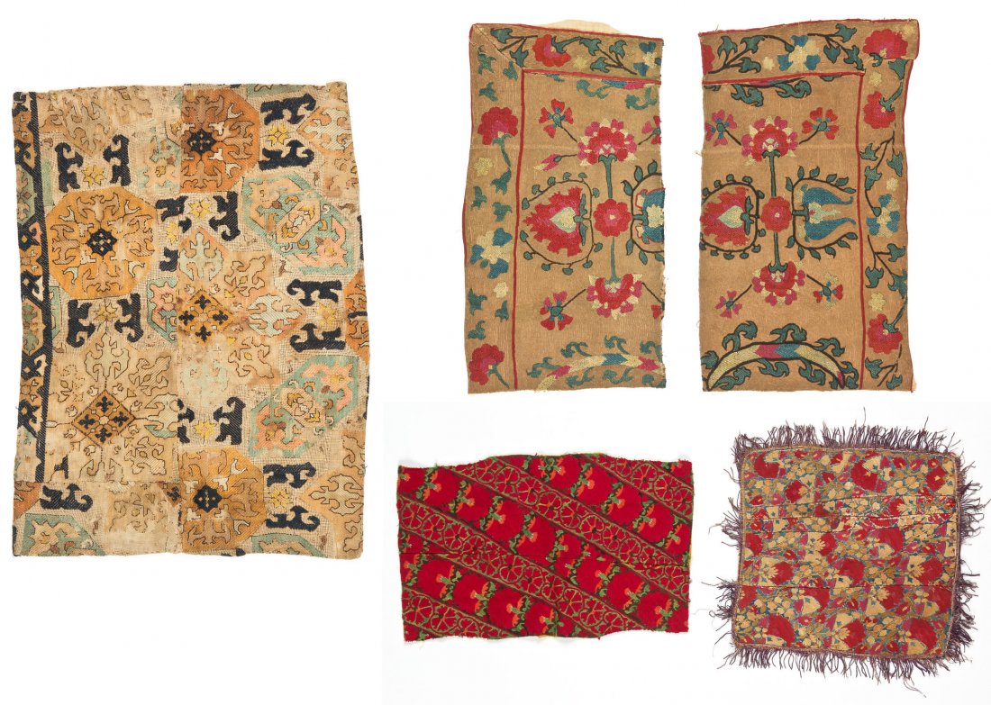 5 Antique Caucasian and Central Asian Textiles: 3 Antique Caucasian and Central Asian Textiles, including 2 fragments from the same suzani, silk embroidery with gold metallic embroidery entirely covering the background; and an 18th c. Caucasian sil