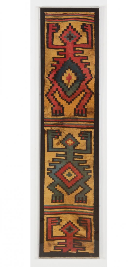 Nazca Panel, Peru, (200-600 CE): Nazca Panel, Peru, (200-600 CE); camelid wool, slit tapestry weave, selvedges on three sides; an unusual, highly stylized depiction of the human figure; several areas of restoration around the legs of
