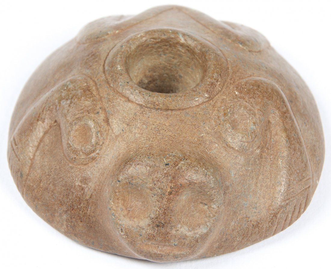 Taino Cemi-Stamp/Snuffing Vessel (1000-1500 CE): Taino Figural Cemi-Stamp and Personal Snuffing Vessel (1000-1500 CE). The small indention on the back likely used to contain a measured amount of cohoba to add to a dwindling spirit venture. Made of s