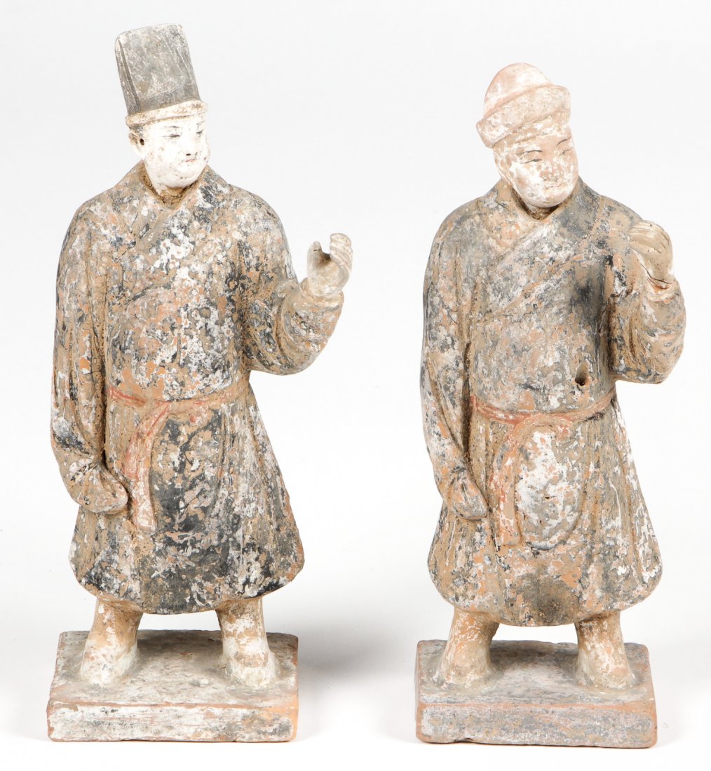 2 Ming Dynasty Chinese Pottery Figures: 2 Ming Dynasty Painted Pottery Figures. Largest size: 10" x 4.5" x 3" (25 x 11 x 8 cm). Provenance: Robert and Nancy Row.