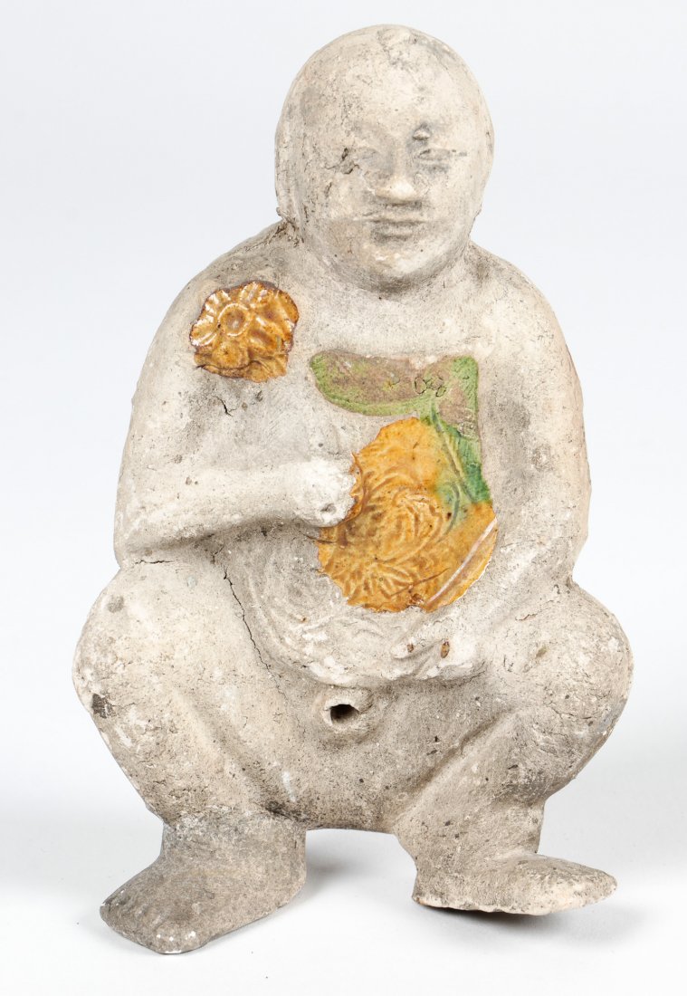 Ming Dynasty Chinese Pottery Figural Peeing Boy: Ming Dynasty Chinese Pottery Figural Peeing Boy. Shipwreck salvage. 5.5" x 3" x 2" (14 x 8 x 5 cm). Provenance: Robert and Nancy Row.