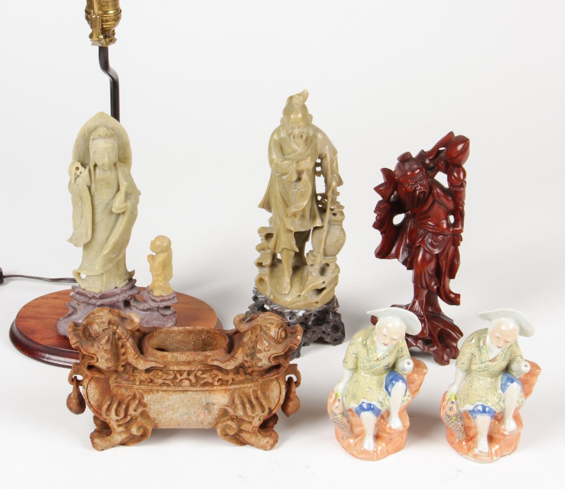 Collection of 6 Chinese Carved Figures: Estate Collection of Chinese Carved Figures, including 2 Immortal figures, one in soapstone and one in bamboo; a Double Foo Dog Stone Vessel; 2 Porcelain Fishermen Figures; and a Qian Long Lamp. Large
