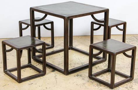 Chinese Stone Top Cube Table and 4 Stools: Chinese Stone Top Cube Table and 4 Stools. Size:29" x 29" x 29", 74 x 74 x 74 cm (table); 17" x 15" x 15", 43 x 38 x 38 cm (each chair). Estate of Charlene and George Harris.