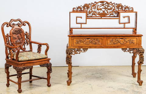 Fine Chinese Hardwood Desk and Chair: Fine Chinese Hardwood Desk and Chair, possibly Huanghuali; ornate, intricately carved wood desk and chair. Size: 31.5" x 47" x 24.5", 80 x 119 x 62 cm (desk); 20" x 43" x 6.5", 51 x 109 x 17 cm (shelf