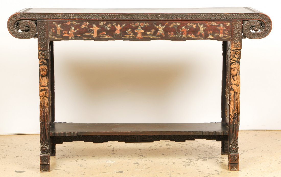 Antique Chinese Stone inlaid Altar Table: Antique Chinese Stone inlaid Altar Table. Damage to stretcher and stone losses throughout. Size: 31" x 50" x 15" (79 x 127 x 38 cm).