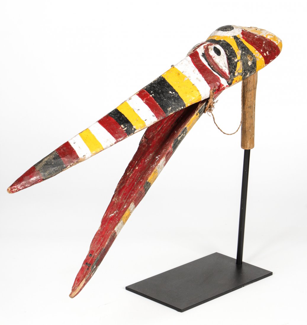 Vintage African Bobo Trickster Marionette: Vintage African Bobo Trickster Marionette. Carved and painted wood with articulated jaw. Size: 21" x 6" x 26" (53 x 15 x 66 cm) on stand. Provenance: Bob Brand and Liz Werthan, Philadelphia.